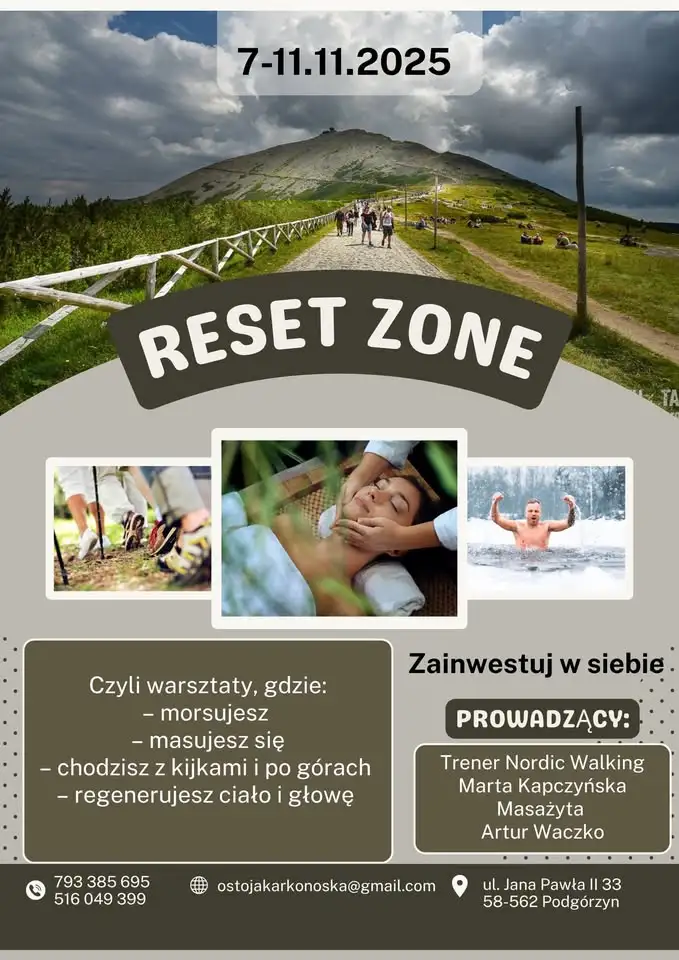 RESET ZONE - automasaże, nordic walking, morsowanie, góry! Obrazek promujący wydarzenie