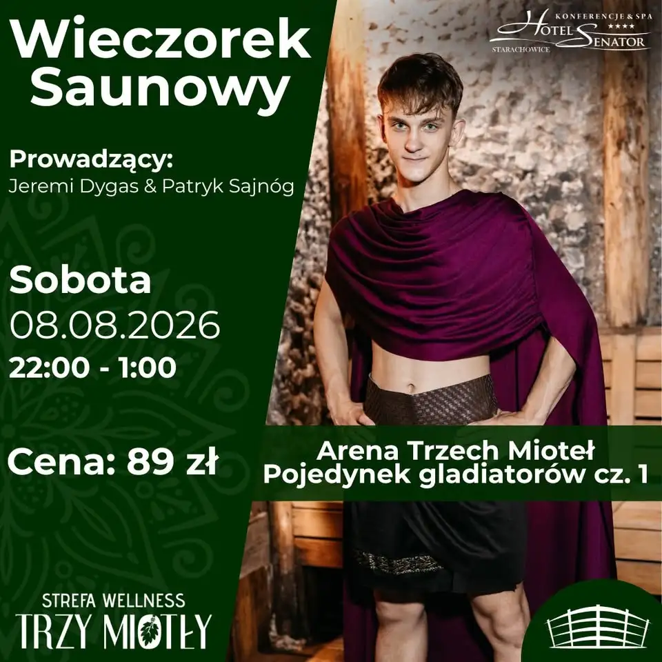 Wieczorek Saunowy – „Arena Trzech Mioteł – pojedynek gladiatorów” | 08.08.2026 Obrazek promujący wydarzenie